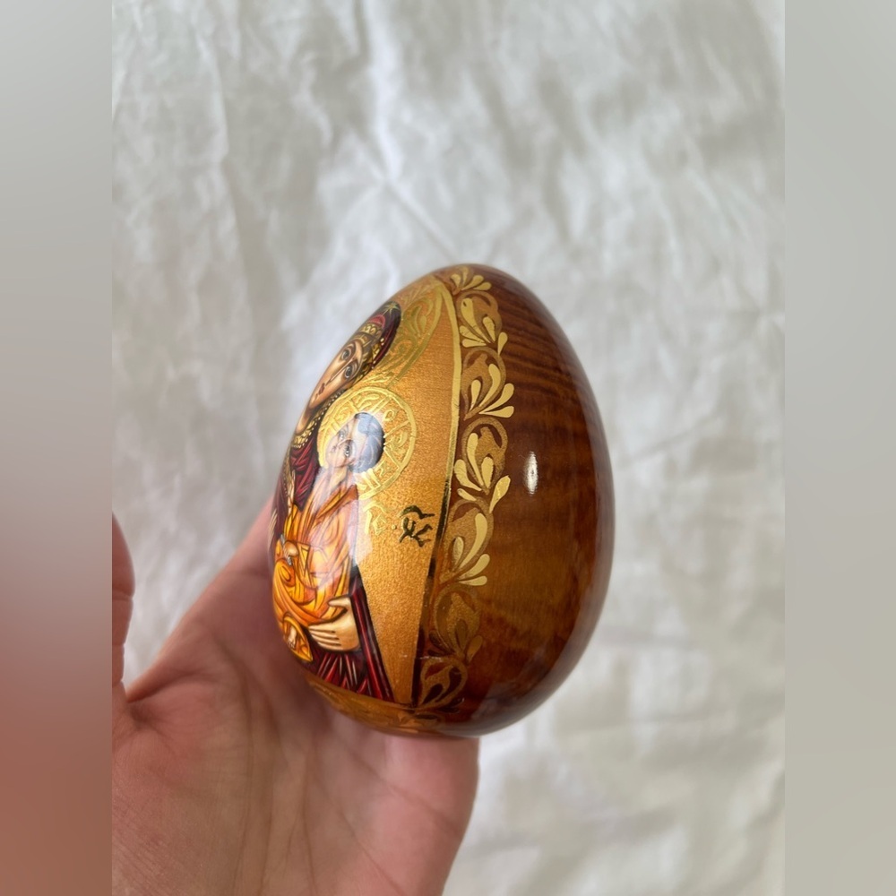 Russian Orthodox Wood icon Virgin Mary Christ Egg | Hand-Painted Signed - Picture 3 of 12